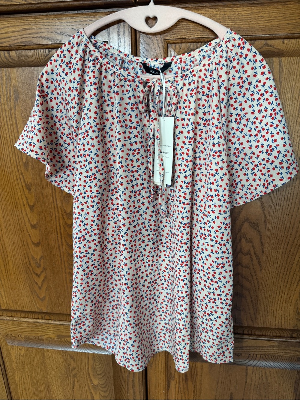 Light Pink Floral Peasant Blouse with Red & Navy Print